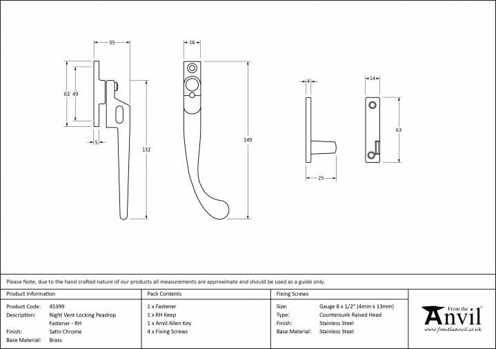 Satin Chrome Night-Vent Locking Peardrop Fastener - RH Image 4