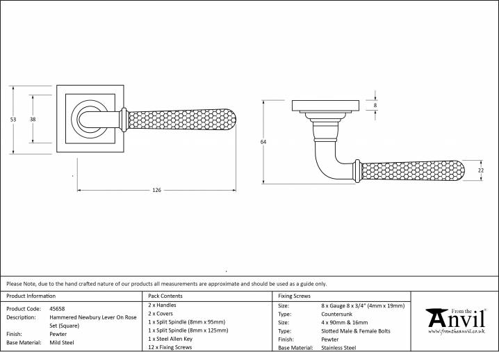 Pewter Hammered Newbury Lever on Rose Set (Square Rose) Image 4