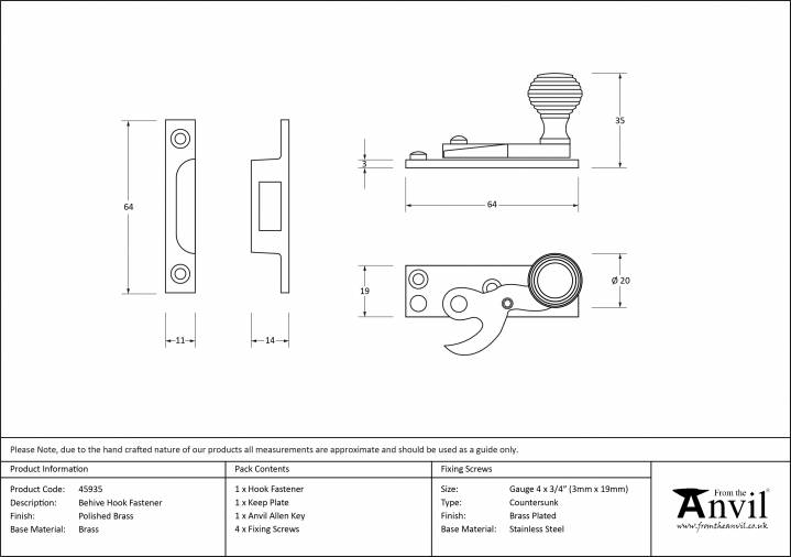 Polished Brass Beehive Sash Hook Fastener Image 2