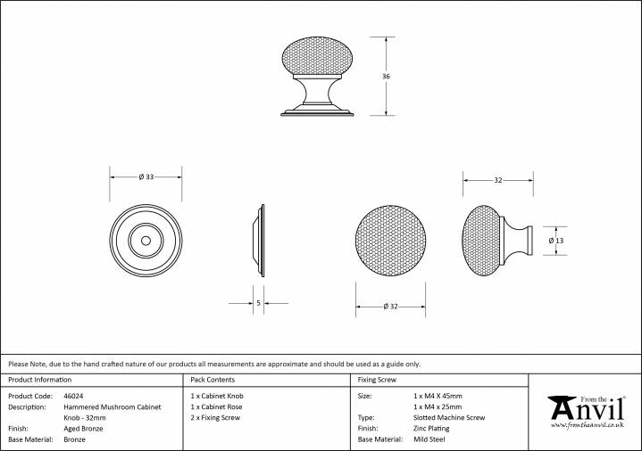 Aged Bronze Hammered Mushroom Cabinet Knob 32mm Image 3