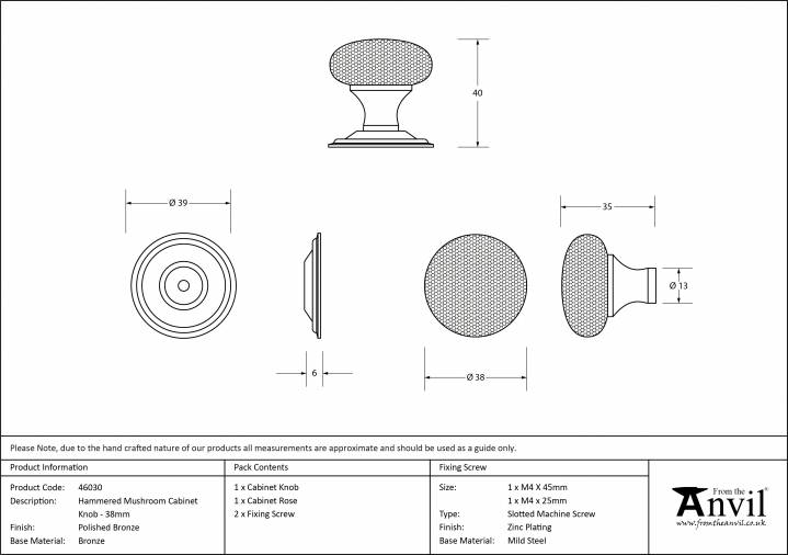 Polished Bronze Hammered Mushroom Cabinet Knob 38mm Image 3