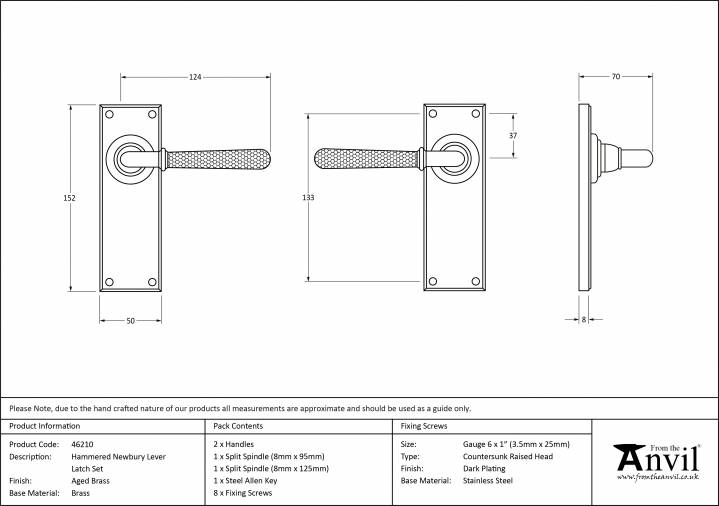 Anvil 46210 Aged Brass Hammered Newbury Lever Latch Set Image 4