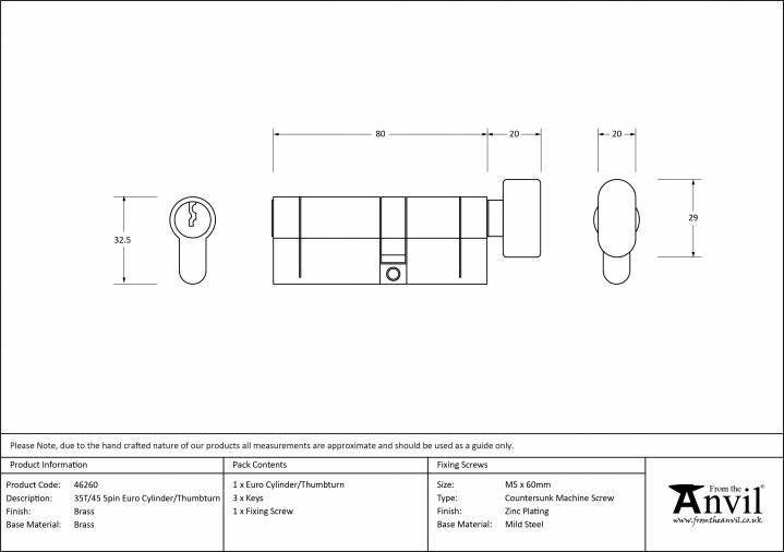 Lacquered Brass 35T/45 5pin Euro Cylinder/Thumbturn Image 2