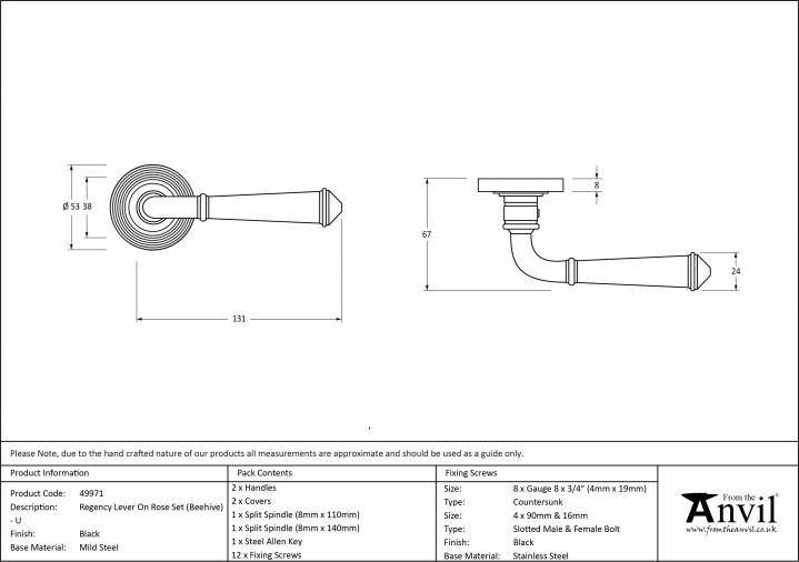 Black Regency Lever on Rose Set (Beehive Rose) - Unsprung Image 3